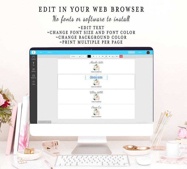May include: A computer screen displaying a website with editable table cards. The cards feature floral designs and text that says "Amanda Foster", "Christine Foster", "Whitney Hollitt", and "Angela Cox".