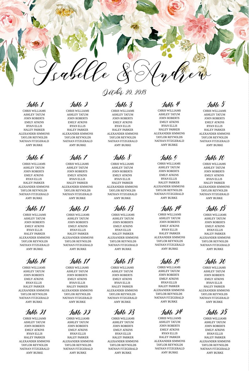 May include: A wedding seating chart with a floral design. The chart lists tables 1 through 25 with names of guests assigned to each table. The chart is titled "Isabelle & Andrew" with the date "October 20, 2018".