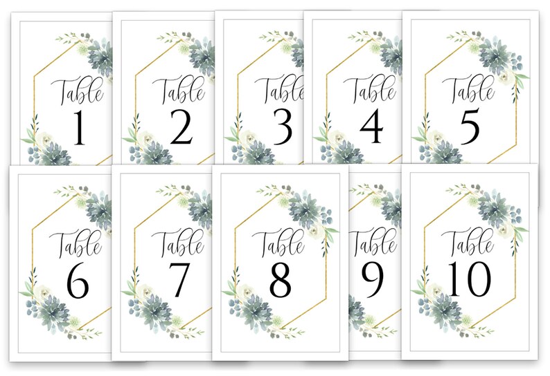 May include: Ten table number cards with gold geometric frames and watercolor floral designs. The numbers 1 through 10 are printed in black.