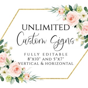 Może przedstawiać: Złota sześciokątna ramka z r&oacute;żowymi i białymi kwiatami oraz zielonymi liśćmi. Tekst wewnątrz ramki brzmi "UNLIMITED Custom Signs FULLY EDITABLE 8"X10" AND 5"X7" VERTICAL & HORIZONTAL".