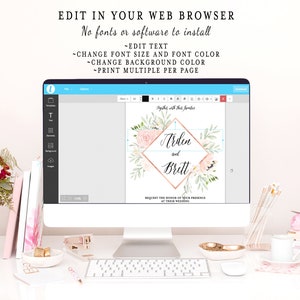 May include: A computer screen displaying a wedding invitation template with a pink and green floral design. The text on the invitation reads "Together with their families, Arden and Brett, Request the honor of your presence at their wedding."