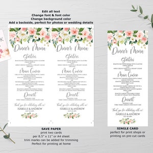 May include: Printable wedding dinner menu template with a floral design. The menu includes starters, main course, dessert, and a thank you message. The text reads "Dinner Menu", "Starters", "Main Course", "Dessert", "Thank you for celebrating with us! Isabelle & Andrew".