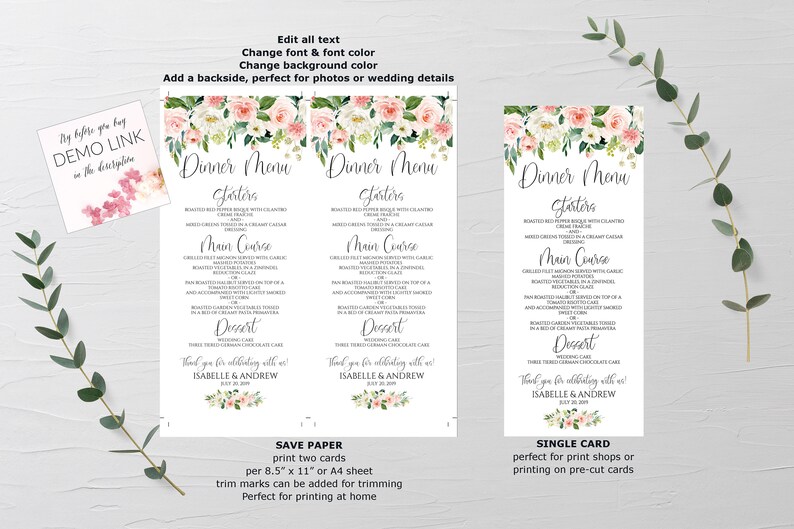 May include: Printable wedding dinner menu template with a floral design. The menu includes starters, main course, dessert, and a thank you message. The text reads "Dinner Menu", "Starters", "Main Course", "Dessert", "Thank you for celebrating with us! Isabelle & Andrew".