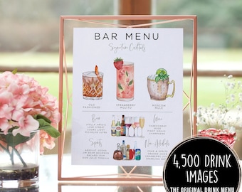 Bar Menu Template, Modern Editable Drink Menu Template, Minimalist Printable Bar Menu, Signature Drinks Sign, 4,000+ Drink Images, Greenery