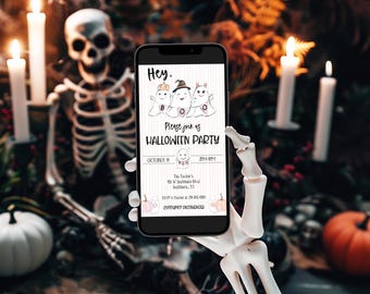 May include: A smartphone displaying a Halloween party invitation with a white background and thin vertical stripes. The text reads Hey, Please join us HALLOWEEN PARTY, October 18, 2pm-4pm, with ghost illustrations and pumpkin graphics.