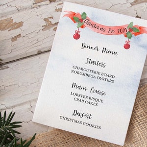 Szablon menu na kolację wigilijną, edytowalny 5"x7" szablon menu na kolację świąteczną, drukowane menu z czerwoną kokardą, natychmiastowe pobieranie, Sylwester