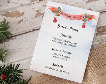 Christmas Dinner Menu Template, Editable 5"x7" Holiday Dinner Menu Template, Printable Red Bow Menu, Instant Download, New Years Eve