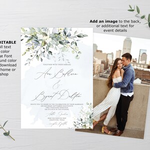 May include: A wedding invitation with a watercolor floral design in shades of blue and green. The invitation features the names "Ann Bolvin & Bryant Dalton" and the text "Together with their families, invite you to share in the celebration of their marriage on Saturday, September 14th, two thousand twenty-three at six o'clock in the evening.  Hotel Grandview, 2845 Thornton Way, Grapevine, Texas."