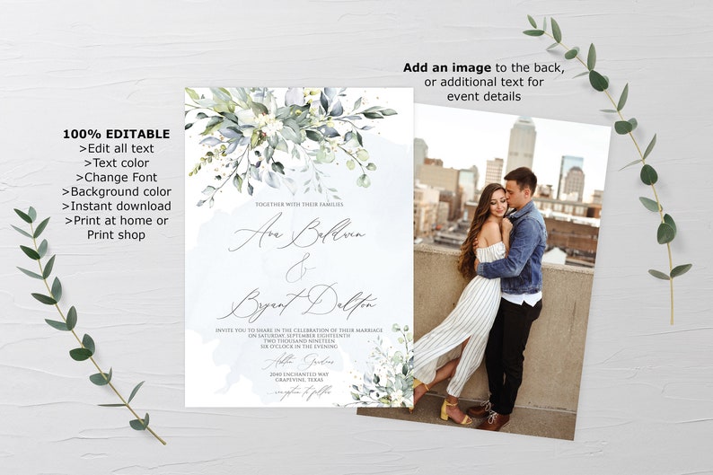 May include: A wedding invitation with a watercolor floral design in shades of blue and green. The invitation features the names "Ann Bolvin & Bryant Dalton" and the text "Together with their families, invite you to share in the celebration of their marriage on Saturday, September 14th, two thousand twenty-three at six o'clock in the evening.  Hotel Grandview, 2845 Thornton Way, Grapevine, Texas."