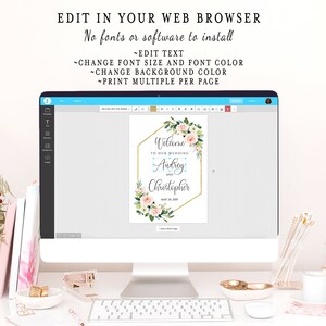 May include: Editable wedding welcome sign template with a gold hexagonal frame and floral design. The text reads "Welcome to our wedding Audrey and Christopher May 24, 2019".