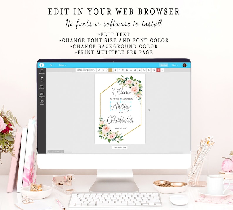May include: Editable wedding welcome sign template with a gold hexagonal frame and floral design. The text reads "Welcome to our wedding Audrey and Christopher May 24, 2019".