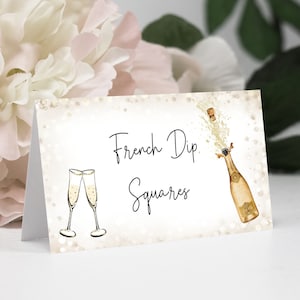 Modelo de cartão de lugar de ano novo, cartão de barraca com etiqueta de comida de feriado para impressão, cartão de véspera de ano novo, decoração de festa de véspera de ano novo, configuração de lugar