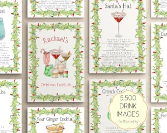 Christmas Cocktail Recipe Cards Template Bundle, 70 Pre-made Holiday Cocktail Recipe Cards, Christmas Gift Basket Card, Holiday Gift Idea