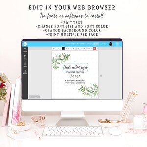 May include: A computer screen displaying a mockup of a printable sign template with a watercolor floral design. The text on the sign reads "Create custom signs, Unlimited Quantity, Two sizes, 8" x 10" Vertical & Horizontal, 5" x 7" Vertical & Horizontal".