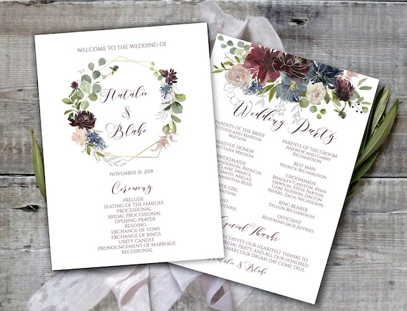 Printable Wedding Program Template Marsala Navy Gold Program Etsy