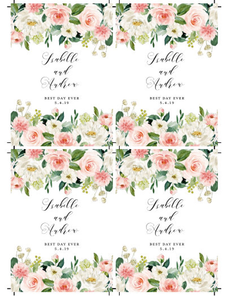 May include: Four white cards with floral borders and the text "Isabelle and Andrew" with the date "5.4.19" and the words "Best Day Ever".