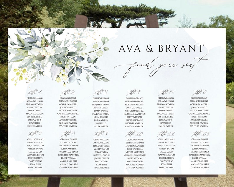 May include: A light blue wedding seating chart with a watercolor floral design. The chart is divided into 12 tables with names like Chris Williams, Graham Grant, and Elizabeth Grant. The text "AVA & BRYANT find your seat" is at the top of the chart.