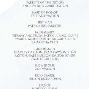 May include: A wedding party announcement with a floral design at the top. The announcement lists the names of the parents of the bride and groom, the maid of honor, best man, bridesmaids, groomsmen, flower girl, ring bearer, pianist, officiant, and a special thanks message. The announcement is signed "Ava & Bryant".
