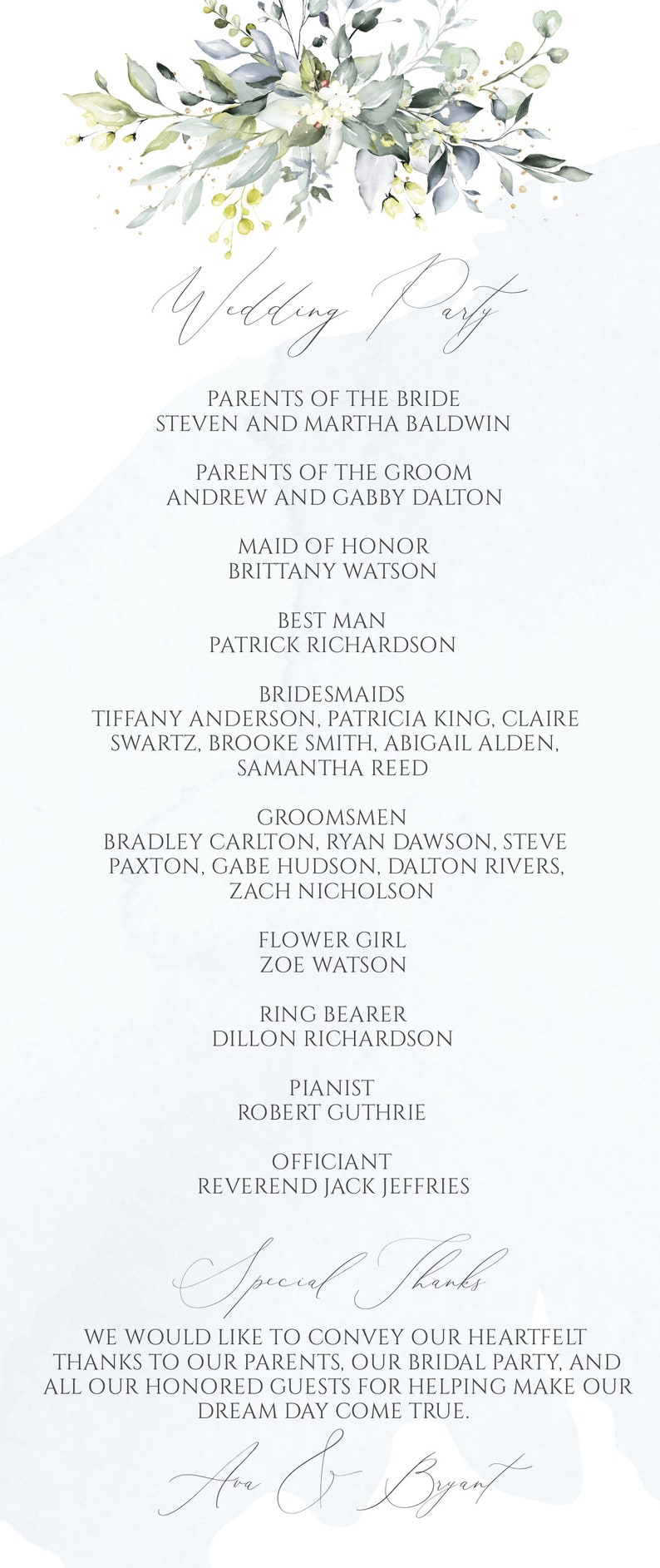 May include: A wedding party announcement with a floral design at the top. The announcement lists the names of the parents of the bride and groom, the maid of honor, best man, bridesmaids, groomsmen, flower girl, ring bearer, pianist, officiant, and a special thanks message. The announcement is signed "Ava & Bryant".
