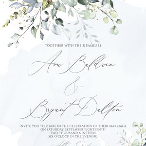 May include: A wedding invitation with a watercolor floral design in shades of blue and green. The invitation features the names "Ava Baldwin & Bryant Dalton" and the text "Together with their families, invite you to share in the celebration of their marriage on Saturday, September 18th, 2019, six o'clock in the evening, Ashton Gardens, 2040 Enchanted Way, Grapevine, Texas, reception to follow."
