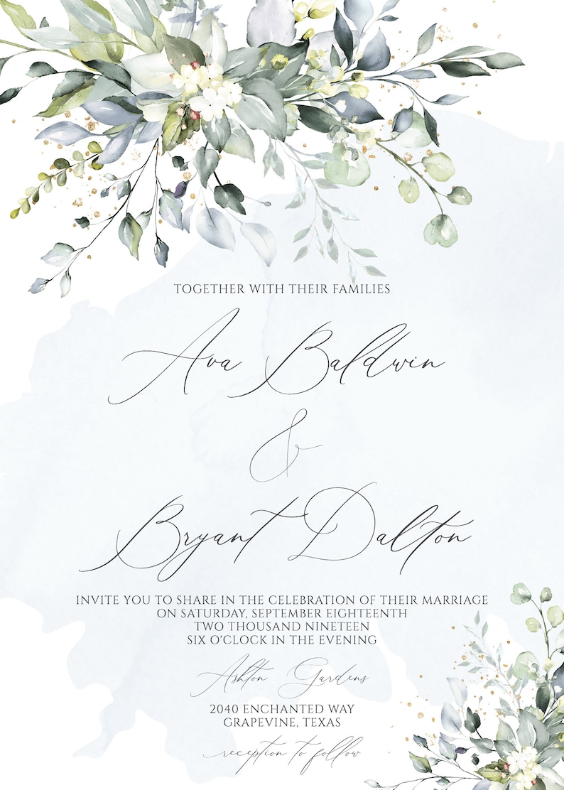 May include: A wedding invitation with a watercolor floral design in shades of blue and green. The invitation features the names "Ava Baldwin & Bryant Dalton" and the text "Together with their families, invite you to share in the celebration of their marriage on Saturday, September 18th, 2019, six o'clock in the evening, Ashton Gardens, 2040 Enchanted Way, Grapevine, Texas, reception to follow."