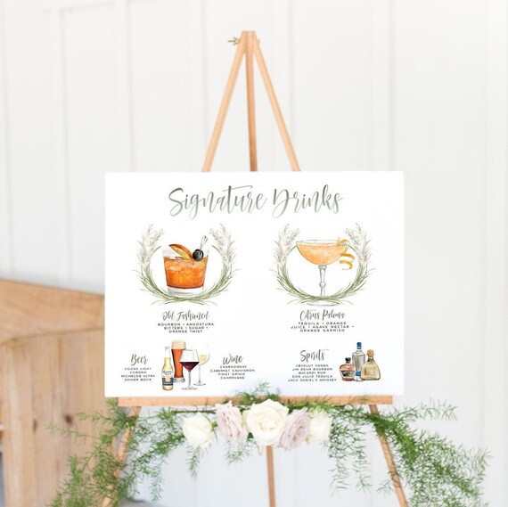 Signature Drink Sign, Design Your Own 150 Drink Images + Garnishes, Pampas Grass Bar Template, Wedding Cocktail Poster, Instant Download Il_570xn