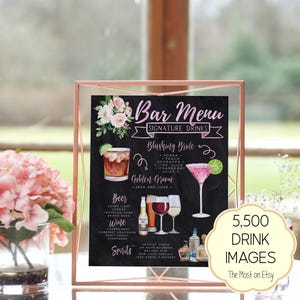 Signature-drankjesbord met bloemen: menusjabloon schoolbord