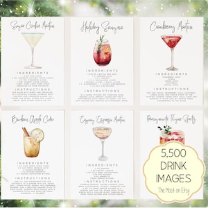 May include: Six white recipe cards featuring watercolour illustrations of cocktails including Sugar Cookie Martini, Holiday Sangria, Cranberry Martini, Bourbon Apple Cider, Eggnog Espresso Martini, and Pomegranate Thyme Spritz with text.