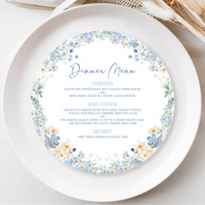 Plantilla de menú de cena redonda algo azul, menú redondo de flores silvestres de 8", menú redondo imprimible, menú de cena floral azul, menú redondo de bricolaje, descargar