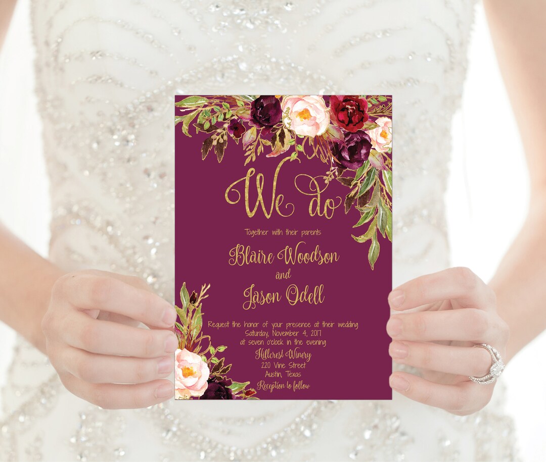 Marsala Wedding Invitation Template Printable / Editable - Floral Watercolor Wedding - Gold ...