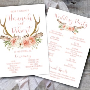 Puede incluir: Programa de ceremonia de boda con un diseño floral y de astas de ciervo. El programa incluye los nombres Hannah y Robert, la fecha 5 de septiembre de 2018 y una lista de los eventos de la ceremonia de boda. La segunda página enumera los miembros de la fiesta de bodas y un agradecimiento especial.