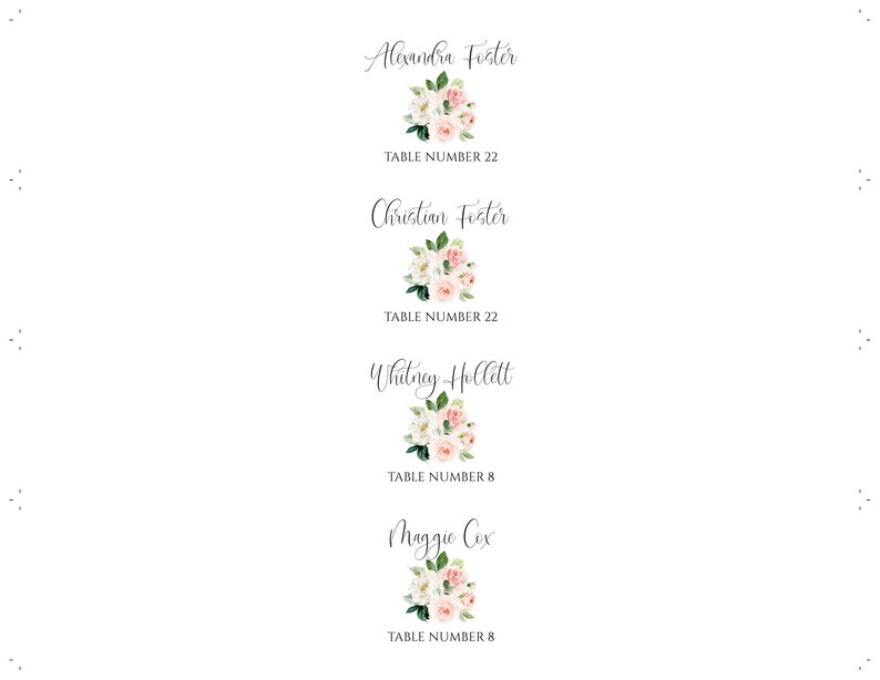 May include: Four floral table cards with names and table numbers. The cards feature a white background with pink and white flowers and green leaves.