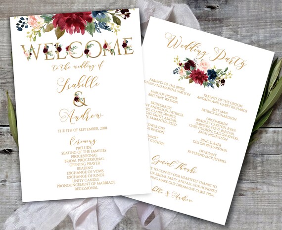 Marsala Wedding Program Template, Burgundy, Gold, Navy, Blush Pink Program Printable, Printable Wedding Program Fan, Rustic Program Template Il_570xn