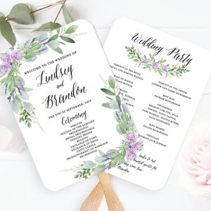 May include: Two wedding ceremony programs with rounded corners, featuring watercolor illustrations of purple flowers and green eucalyptus leaves. The text includes the names Lindsey and Brandon, the date September 5th, 2018, and a list of the wedding party and ceremony order.