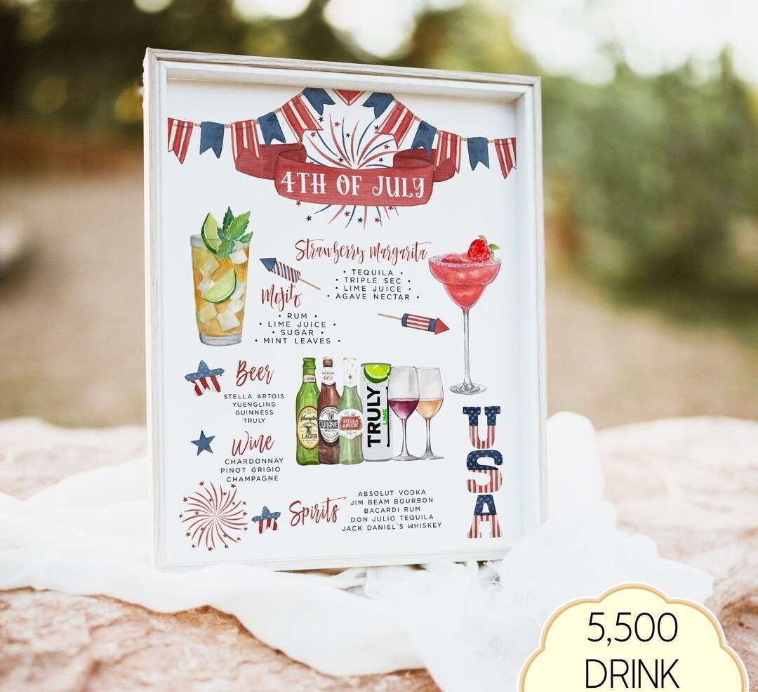 4th of July Party Bar Menu Template, Editable Patriotic Drink Menu, USA(02)