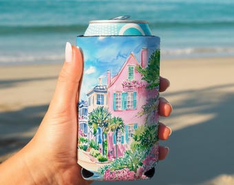 Charleston Rainbow Row Can Cooler: Preppy Coastal Drink Holder