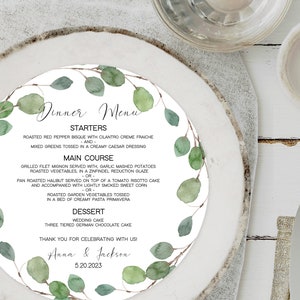 PRINTED Eucalyptus Round Dinner Menu, 8 Round Wildflower Menu, Printed Round Menu, Greenery Vineyard, Winery Round Dinner Menu image 4