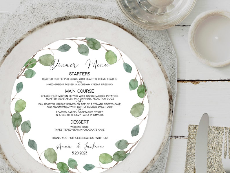 PRINTED Eucalyptus Round Dinner Menu, 8 Round Wildflower Menu, Printed Round Menu, Greenery Vineyard, Winery Round Dinner Menu image 4