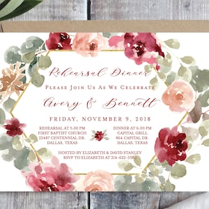 PRINTABLE Wedding Rehearsal Dinner Invitation Template, Burgundy Rehearsal Dinner Template, Marsala, Blush Pink, Gold Geometric Dinner