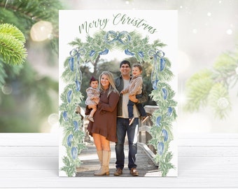 Watercolor Garland Photo Christmas Card Template (Digital Download)