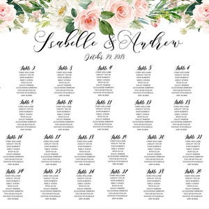 May include: A wedding seating chart with a floral design featuring pink and white flowers. The chart lists the names of guests assigned to each table, with table numbers ranging from 1 to 30. The text "Isabelle & Andrew" and "July 20, 2018" is printed at the top of the chart.