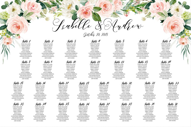 May include: A wedding seating chart with a floral design featuring pink and white flowers. The chart lists the names of guests assigned to each table, with table numbers ranging from 1 to 30. The text "Isabelle & Andrew" and "July 20, 2018" is printed at the top of the chart.