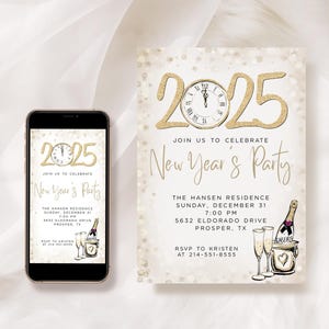 New Year&#39;s Eve Party Invitation Template, New Year Party Invitation + Digital Invitation, Printable Gold New Year&#39;s Invite, Instant Download