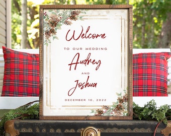 Christmas Wedding Welcome Sign Template, Winter Wedding Welcome Sign, Editable Holiday Pine Cone and Gold Welcome Signs, Rustic Download