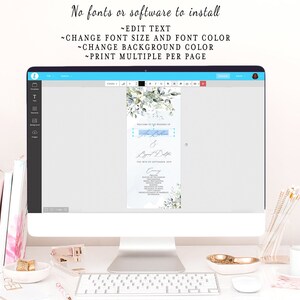 May include: A computer screen displaying a wedding invitation template with a watercolor floral design. The text on the invitation reads "Welcome to the Wedding of Ann & Brett Diffe, The 17th of September, 2019". The screen also shows options for editing the text, font size, font color, background color, and printing multiple invitations per page.