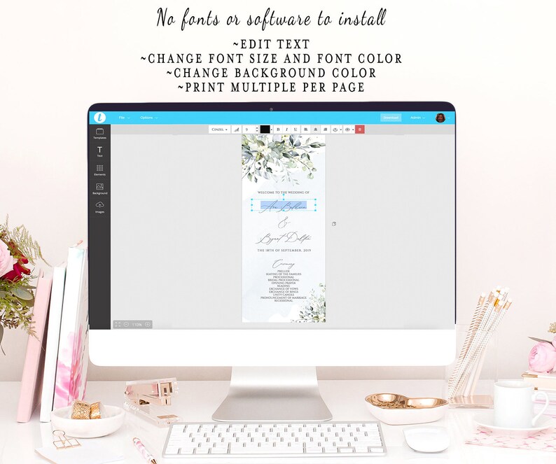 May include: A computer screen displaying a wedding invitation template with a watercolor floral design. The text on the invitation reads "Welcome to the Wedding of Ann & Brett Diffe, The 17th of September, 2019". The screen also shows options for editing the text, font size, font color, background color, and printing multiple invitations per page.