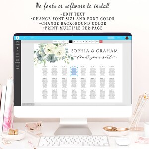 May include: A computer monitor displays a wedding seating chart with the names "SOPHIA & GRAHAM" and the phrase "find your seat." The screen also shows text: "No fonts or software to install," and options to edit text, change font size, color, and background, and print multiple pages.
