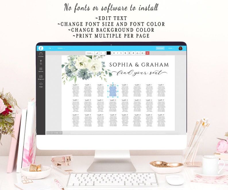 May include: A computer monitor displays a wedding seating chart with the names "SOPHIA & GRAHAM" and the phrase "find your seat." The screen also shows text: "No fonts or software to install," and options to edit text, change font size, color, and background, and print multiple pages.