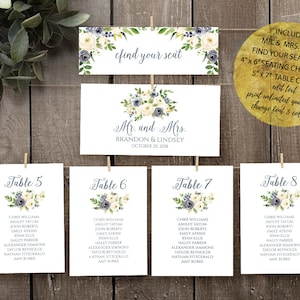 Wedding Seating Chart Cards Template, Printable Wedding Seating Chart Cards, Dusty Blue, Cream, Slate Blue Floral Seating Chart, Geometric