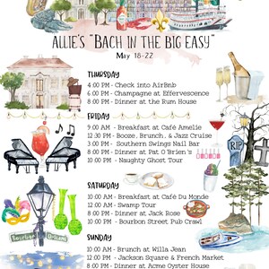 May include: A watercolor illustration of a bachelorette party itinerary in New Orleans, Louisiana. The itinerary includes activities like a swamp tour, a ghost tour, and a pub crawl. The illustration features iconic New Orleans landmarks, such as the French Quarter and the St. Louis Cathedral.